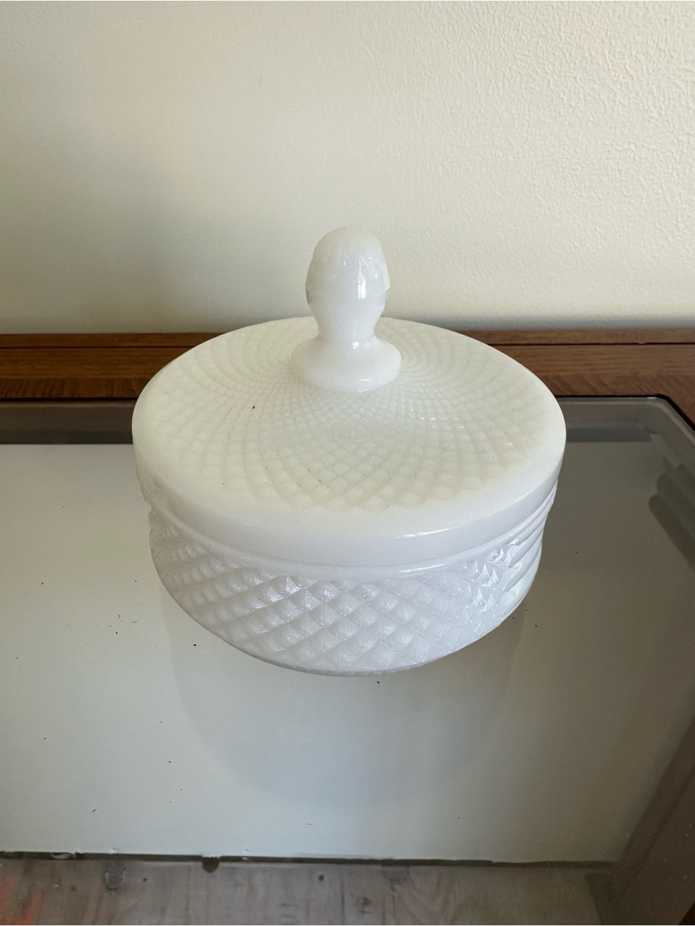 Vintage Milk Glass Diamond Quilted Lidded Trinket Dish